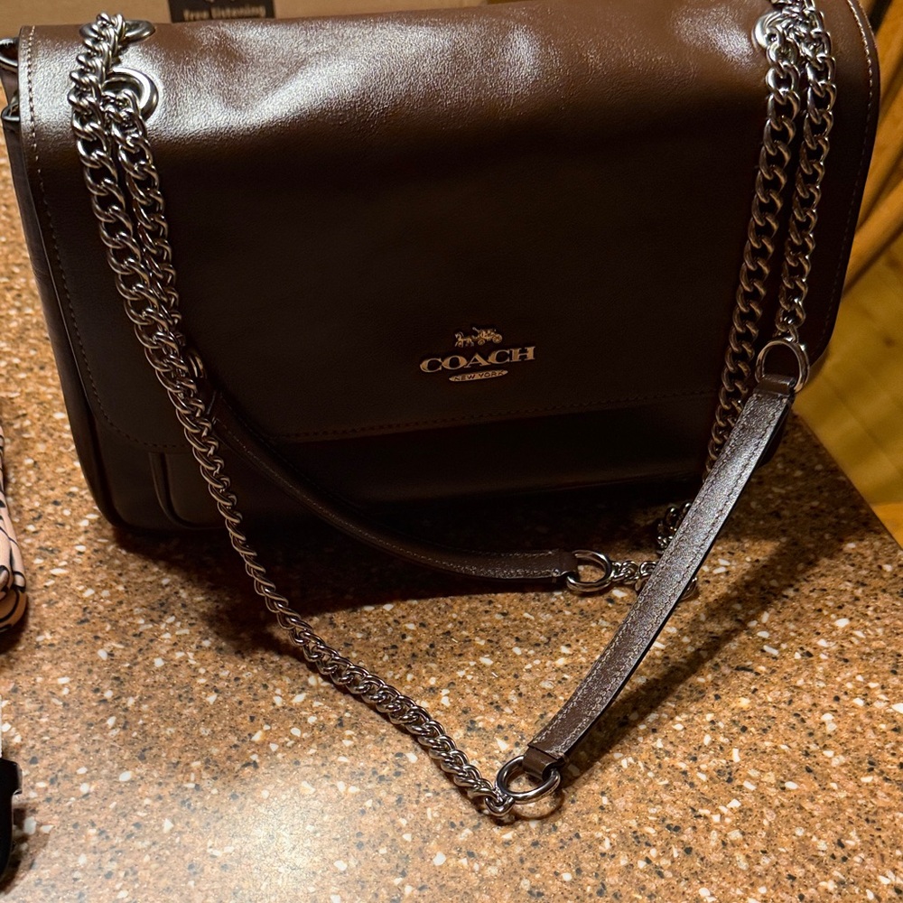 Coach Dark Brown Leather Shoulder Bag with Chain Straps